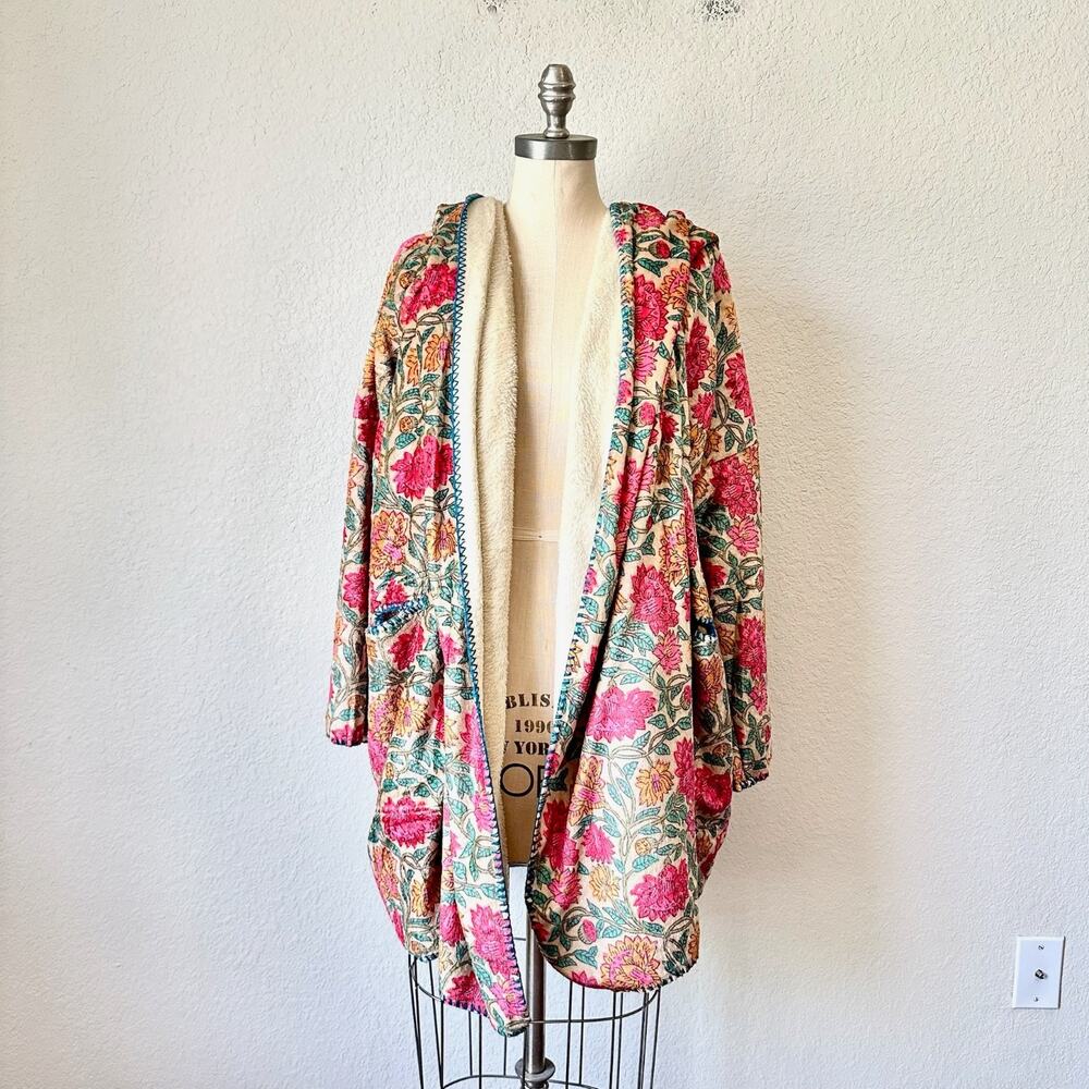 NATURAL LIFE Cozy Blanket Kimono Floral Hooded Sherpa Cardigan NWT